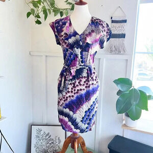 Presley Skye 100% Silk Feather Print Sheath‎ Dress XXS Pockets Fall Bird Ruffle